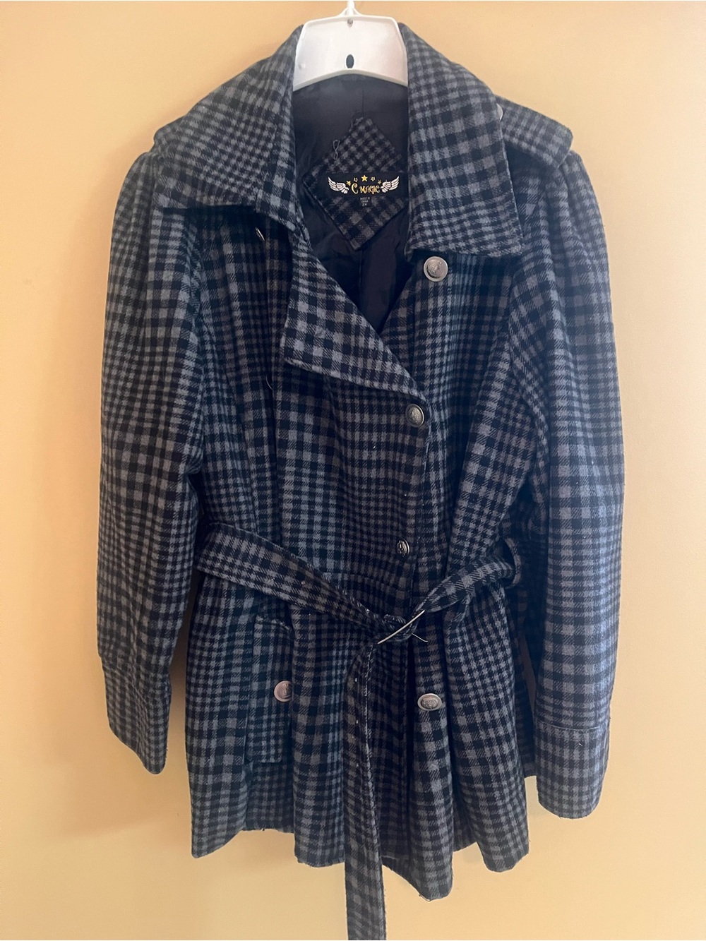 Plaid Wool-Blend Belted Peacoat Jacket - Black/Grey